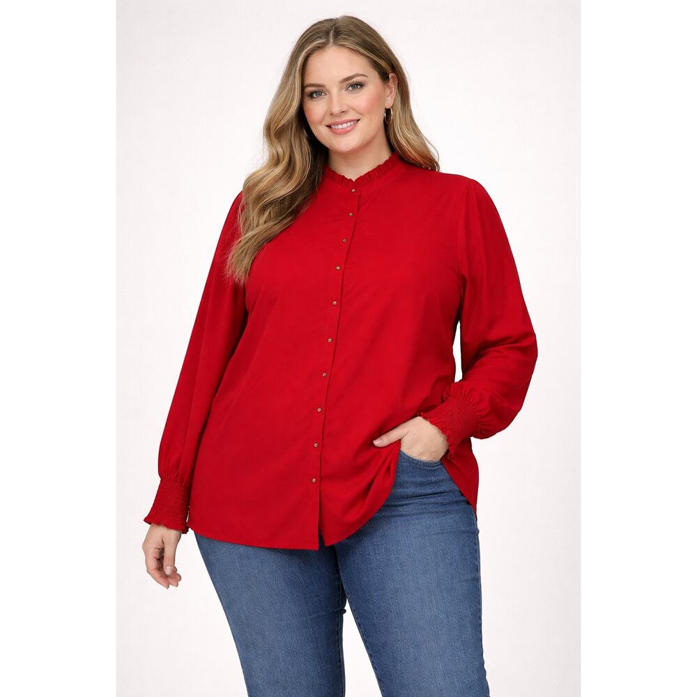 Soft Surroundings Red Long Sleeve Button Front Blouse Ruffle Neck Womens Plus 2x